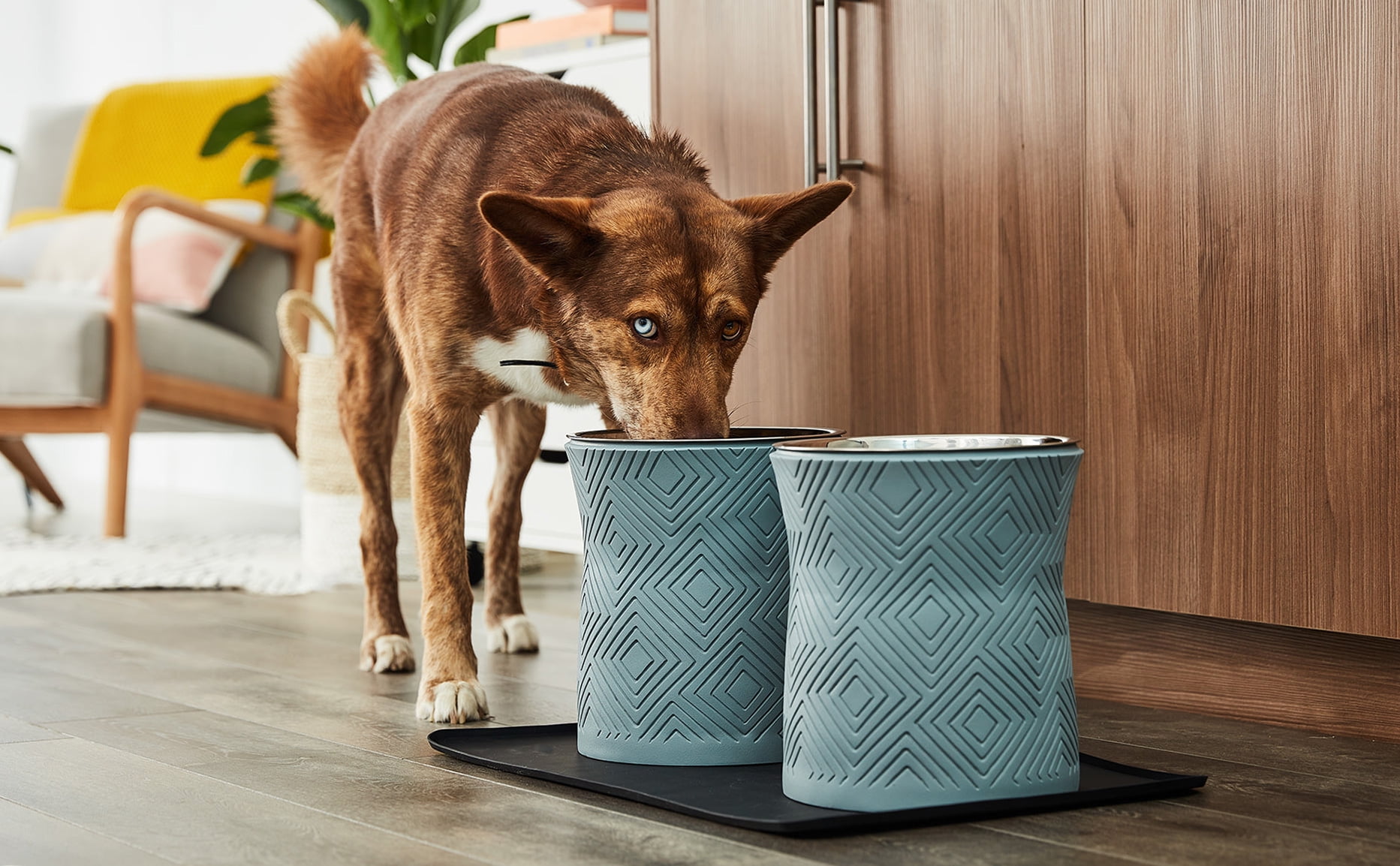 Pet Junkie Santa Fe Elevated Large Polyresin Dog Food & Water Bowl with Stainless Steel Dish for Dogs, Icy Gray