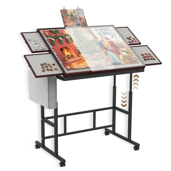 Jigsaw Puzzle Table for Adults with Drawers&Storage Pocket, Jigsaw Puzzle Board with Legs and Wheels, 5 Adjustable Height&Tilting, Coffee Color