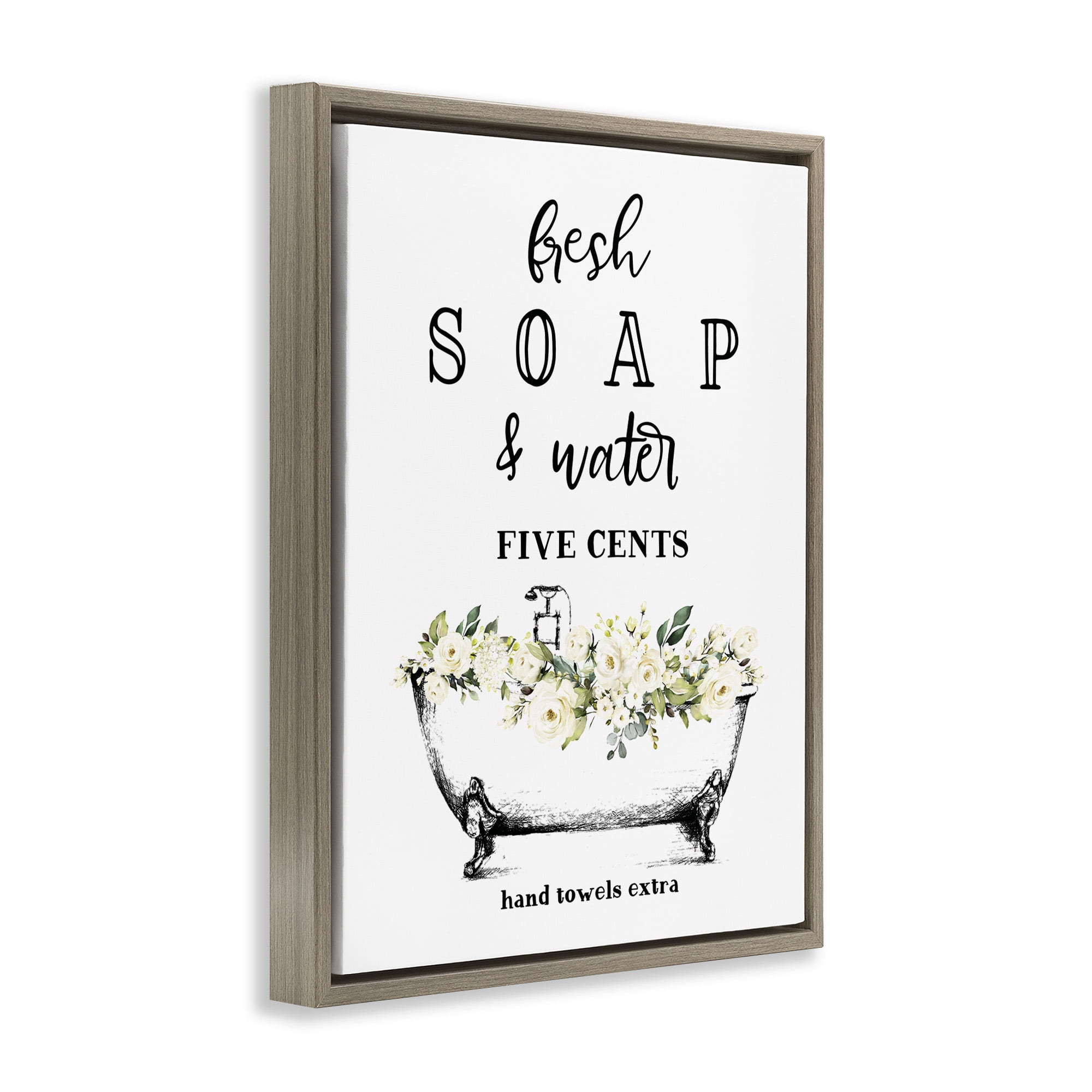 Stupell Industries Fresh Soap & Water Bath Tub Botanical & Floral Painting Brown Floater Framed Canvas Art Print Wall Art, 17 x 21