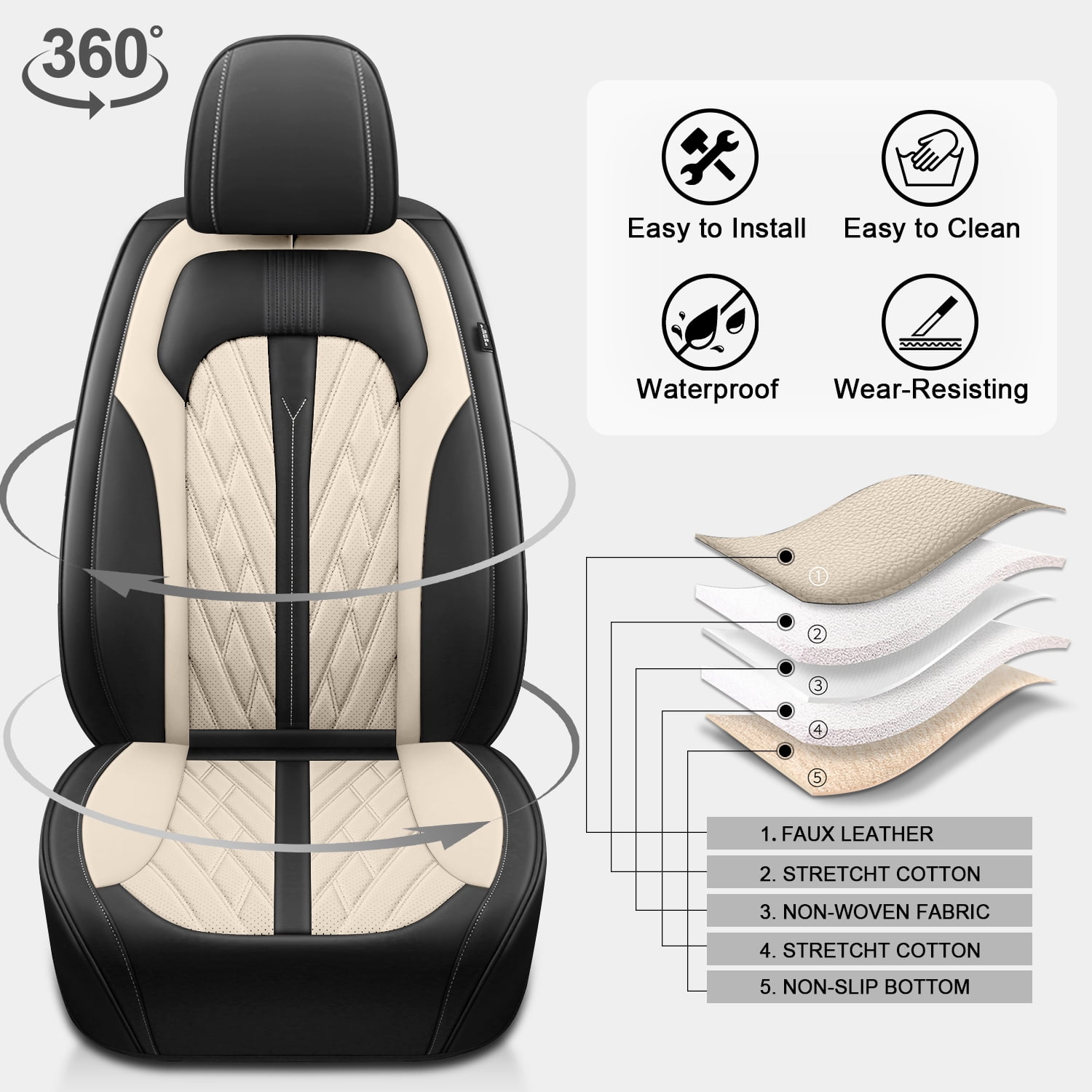 LAONNVIR Car Seat Covers Custom Fit for 2009-2025 Ford F-150 Auto Interior Waterproof and Breathable Leather Vehical Car Seat Cushions protector Black&Beige,Front Seat