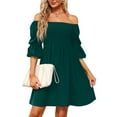 thumbnail image 6 of Njoeus Women's Long Lantern Sleeve Smocked Casual Dresses Ruffled Off Shoulder A-Line Vintage Mini Dress, 6 of 9
