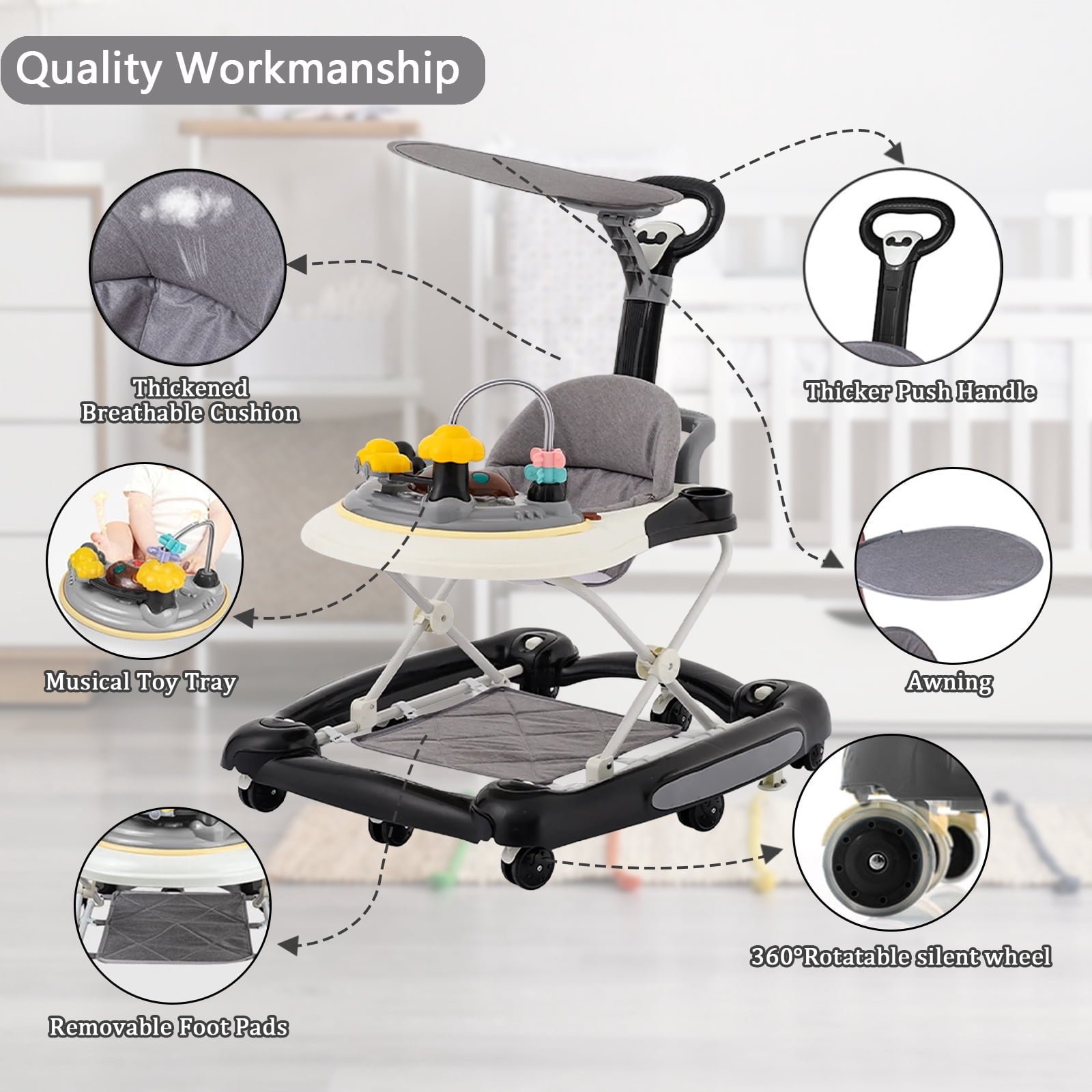 OUYI Foldable Baby Walker for Newborn & Toddler Safe - Sunshade, Foldable for Portability, Black