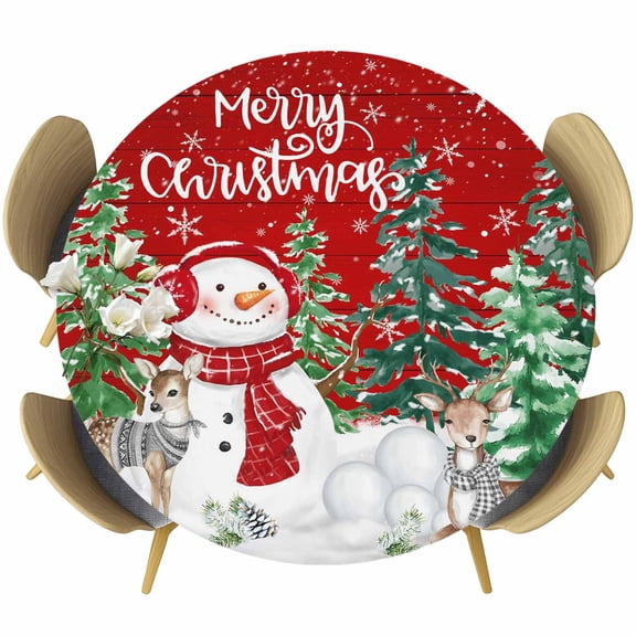 Red Christmas Round Tablecloth, Fitted Table Cover with Elastic for 55"-60" Round Tables, Xmas Trees Snowman Elk Snowflake Table Cloth Outdoor Indoor Dinning Party Waterproof Tablecloths