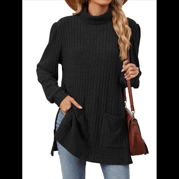 Camisas de Larga para Mujer, Blusas Túnica Casuales de Cuello Alto Negro XL