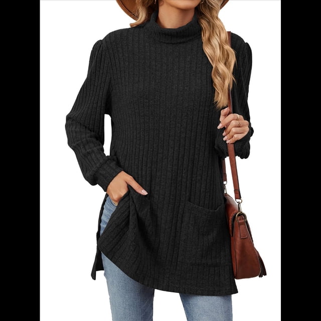 Camisas de Larga para Mujer, Blusas Túnica Casuales de Cuello Alto Negro S