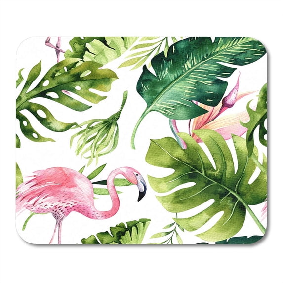 KDAGR Tropical Flamingo Watercolor Tropic Drawing Rose Bird and Greenery Palm Tree Green Exotic Flower Aloha Mousepad Mouse Pad Mouse Mat 9x10 inch