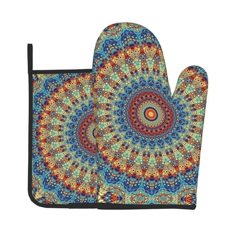 

KLL Round Mandala Pattern Oven Mitts and Pot Holders 2pcs Sets for Kitchen Oven Mitt Heat Resistant 536°F Oven Gloves for Kitchen Cooking and Baking