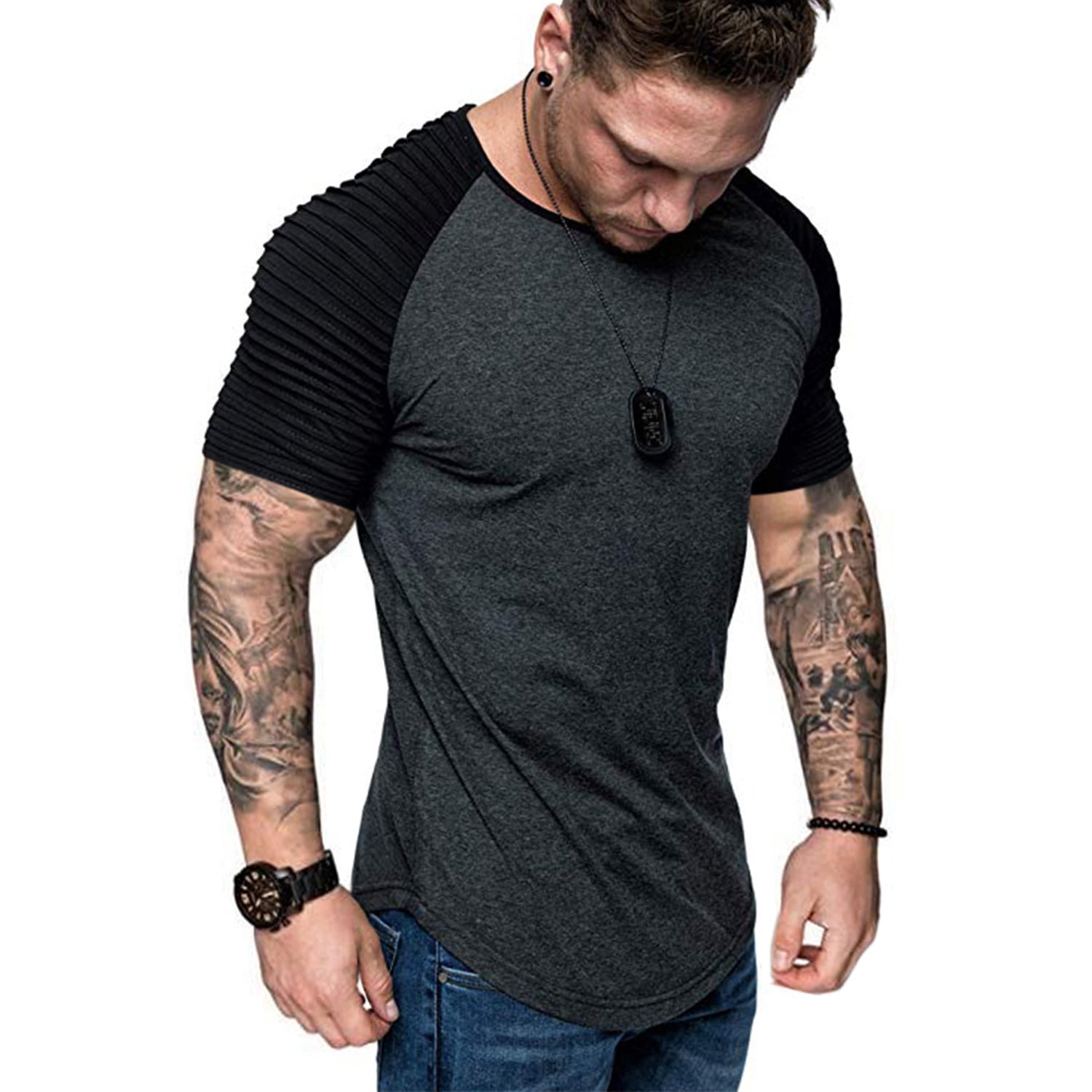 Oritina Mens Muscle T-Shirt Short Pleated Raglan Sleeve Fashion Workout Shirts Hipster Shirt