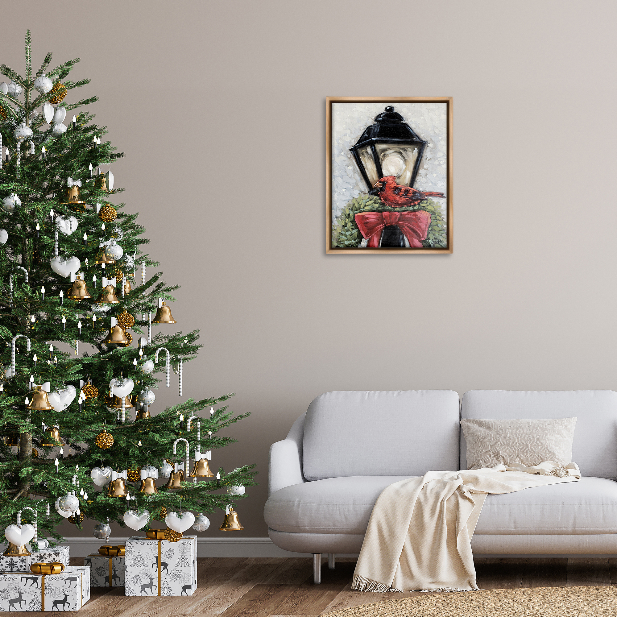 Stupell Industries Cardinal & Holiday Lamp Holiday Painting Brown Floater Framed Art Print Wall Art, 25 x 31