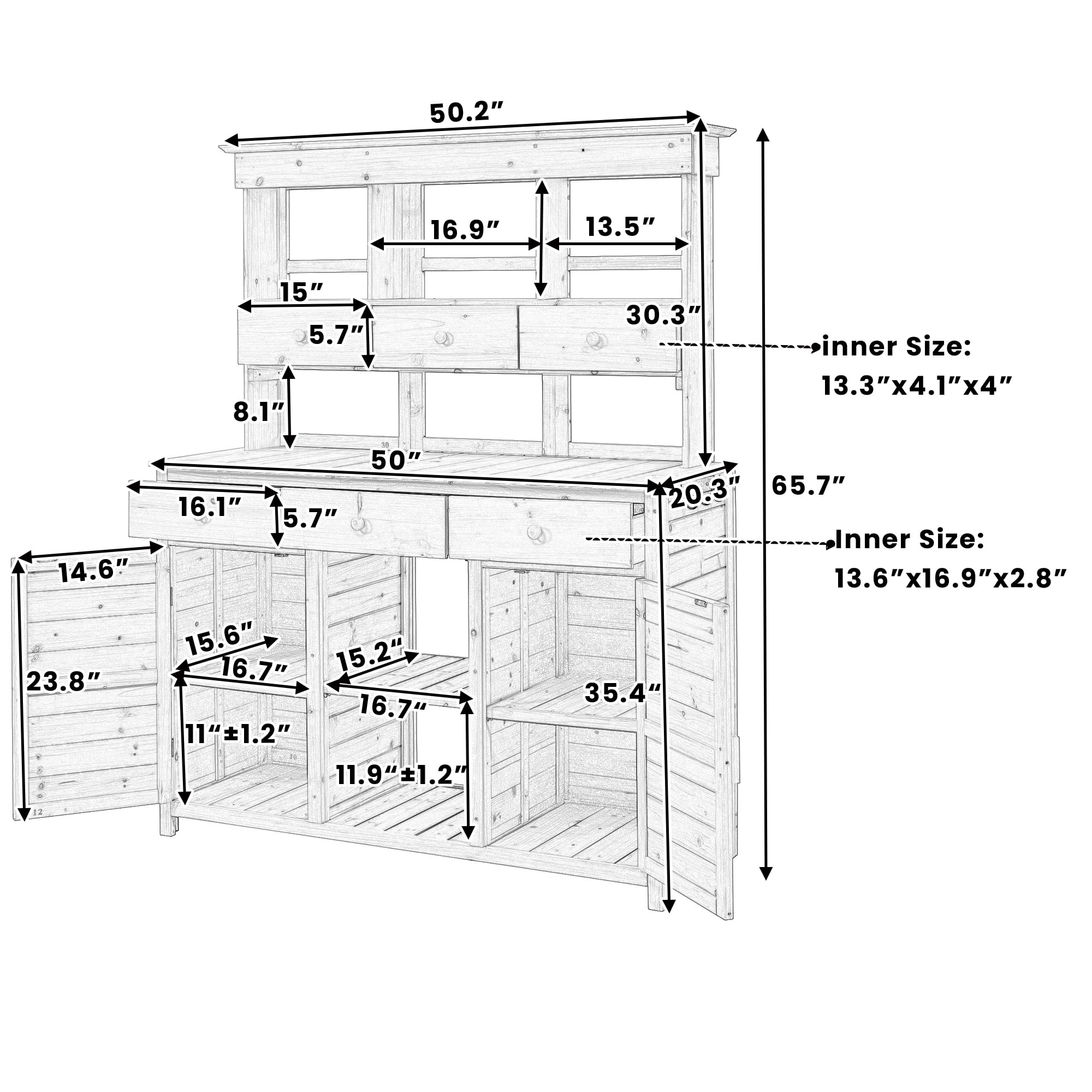 MAYEERTY 65.7" Tall Garden Potting Bench Table with Hutch – Rustic Outdoor Workstation with 3 Shelves, 6 Drawers, 2 Cabinets & Side Hooks