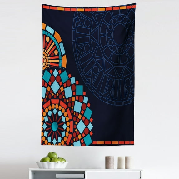 Dark Blue Tapestry, Colorful Geometric Circular Mandala Motifs Framework Moroccan Mosaic Style Ethnic, Fabric Wall Hanging Decor for Bedroom Living Room Dorm, 5 Sizes, Multicolor, by Ambesonne