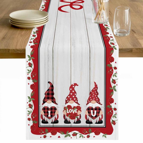 Valentine's Day Table Runner 72 Inches Long Farmhouse Dress Scarves, Vintage Love Heart Romantic Roses Gnomes Dining Tablerunner for Coffee Table/Kitchen Island/Party Décor, 13" x 72"