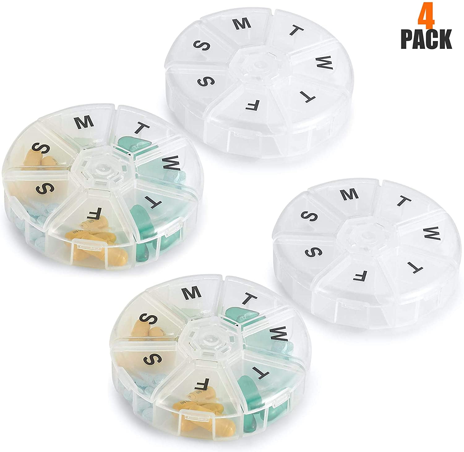 Large Weekly Pill Organizer (Pack of 4) Daily Pill Cases, Round Pill
