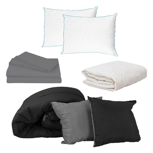Set de Edredon Doble Vista Couzy Negro-gris+ Sabanas Basic + Protector Ultra + Almohada Osos 2