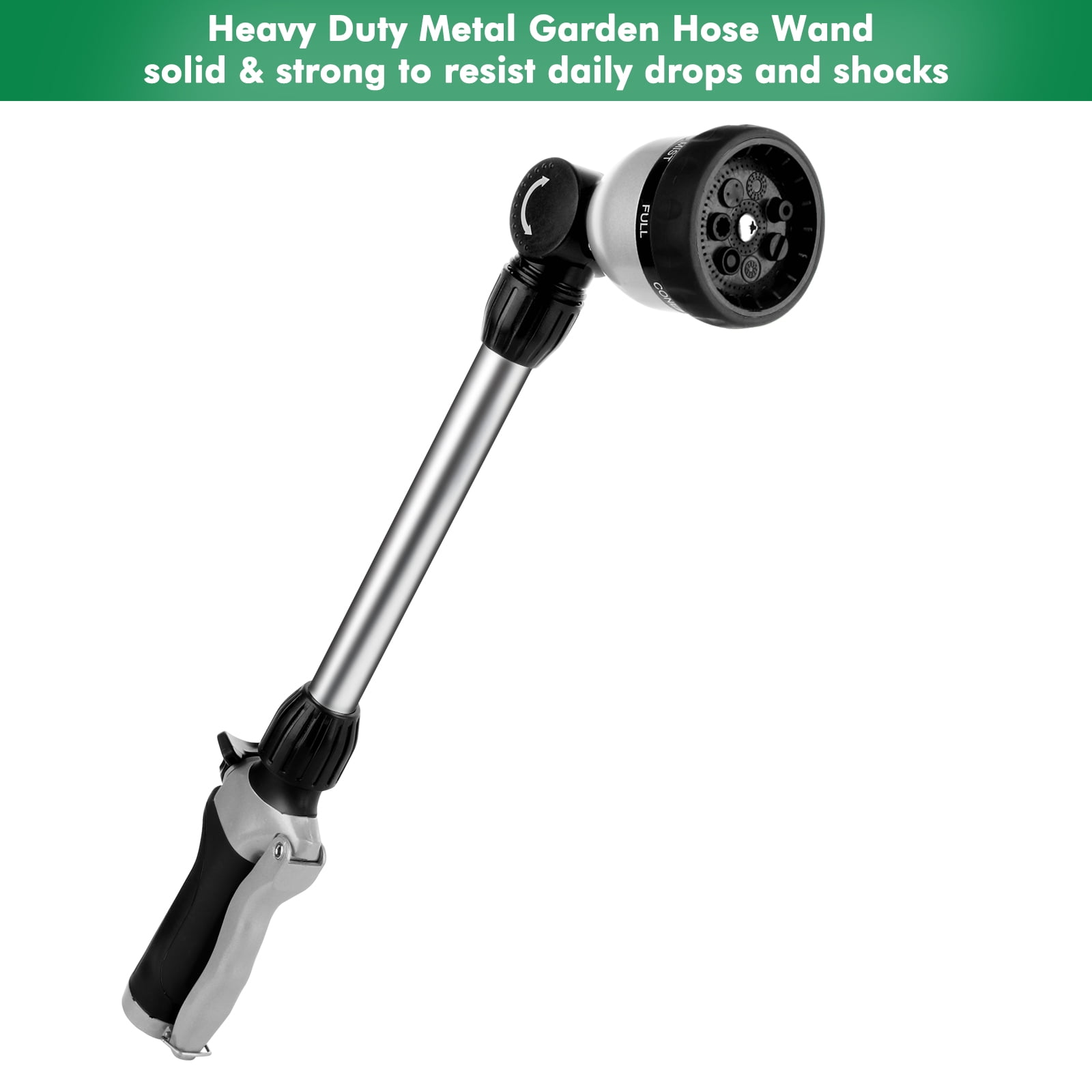 Restmo Metal Watering Wand, Heavy Duty Garden Hose Wand with 180° Swivel Head, 16'' Nozzle, 7 Spray Patterns, Black