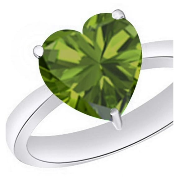 AFFY Heart-Cut Simulated Green Peridot August Birthstone Solitaire Ring In 14K White Gold Over Sterling Silver (0.5 Cttw)