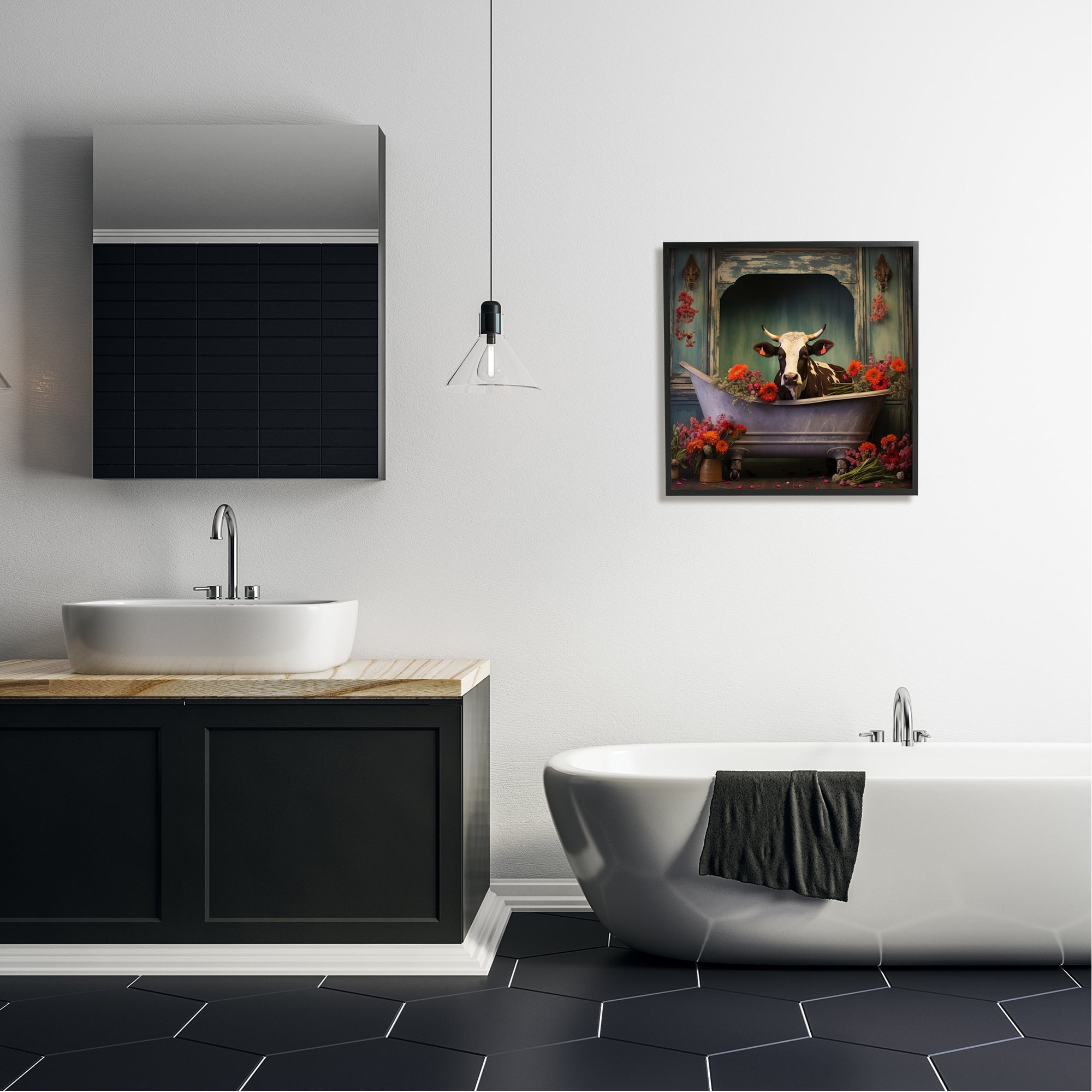 Stupell Industries Cow in Vintage Floral Tub Animals & Insects Painting Black Framed Art Print Wall Art, 24 x 24