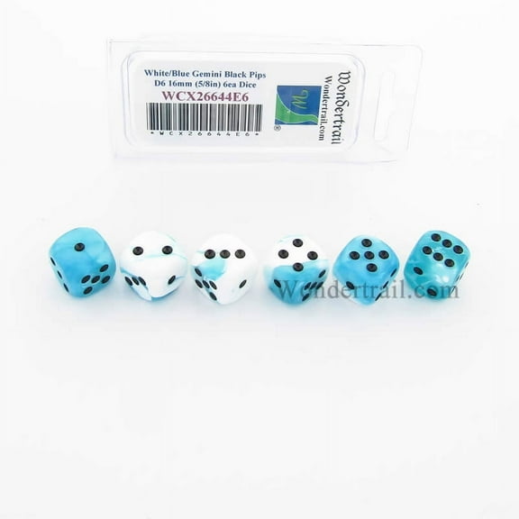 White and Teal Gemini Dice with Black Pips D6 16mm (5/8in) Pack of 6 Wondertrail