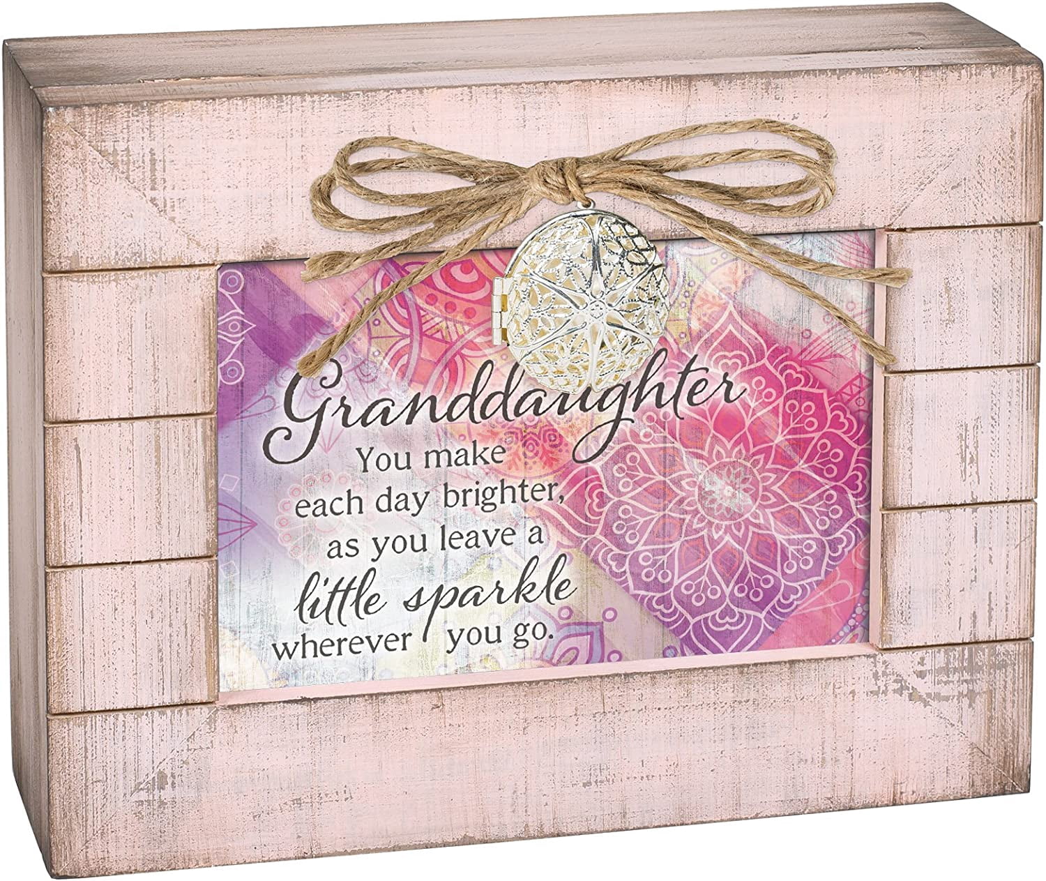 Granddaughter Music Jewelry Box - Blush Pink Distressed Wood, Plays Amazing Grace, Holds Photos In Locket, 8.5x6.5 Inches