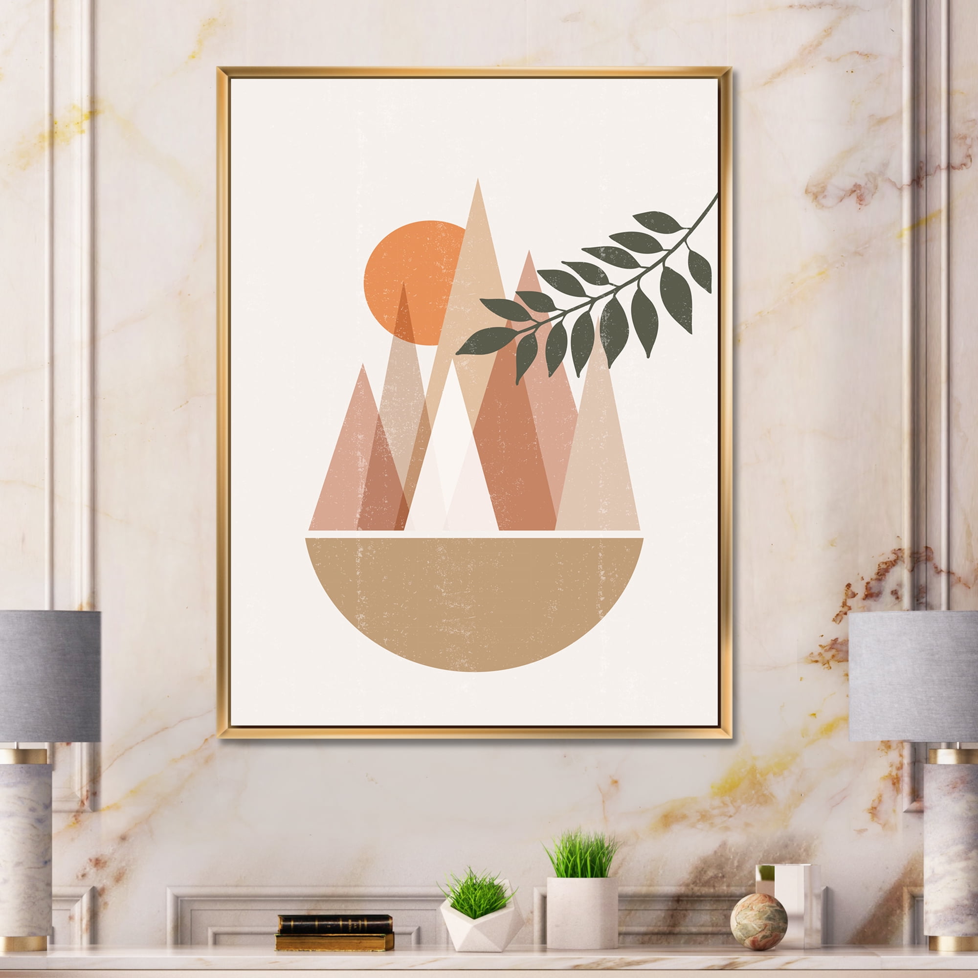 Designart 'Abstract Moon and Sun In Mountains II' Modern Framed Canvas Wall Art Print