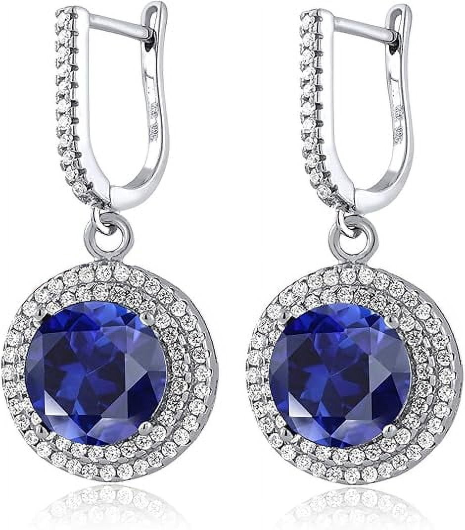 Divine Creation 925 Sterling Silver 2.20 Ct Round Cut Blue Sapphire & white Diamond Lever Back Drop Earring's 14K White Gold Plated For Women's