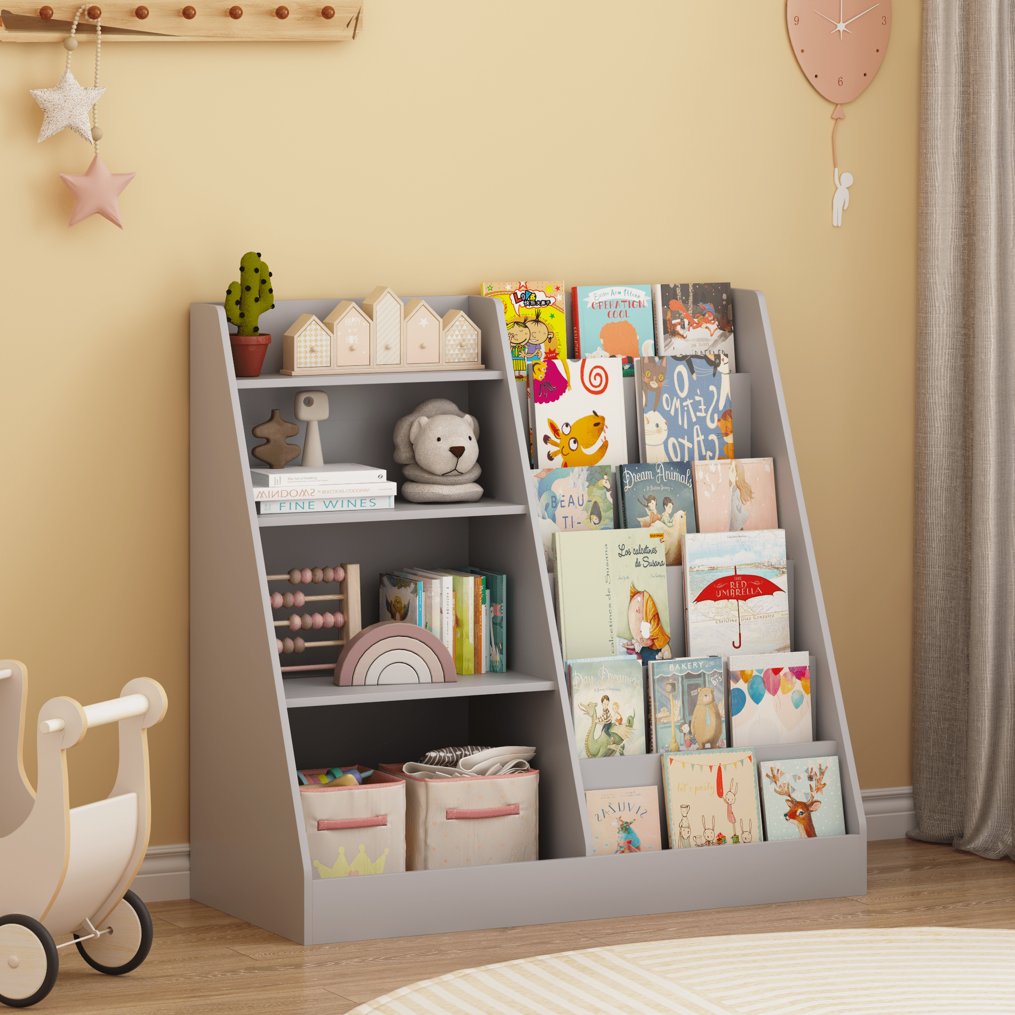 Kids Bookshelf and Toy Storage Organizer, Multifunctional 4 Tier Wooden Kids Book Shelf with Bookcase Display Stand in Kids Room Playroom Nursery for Kids, Children, Toddlers (Gray)