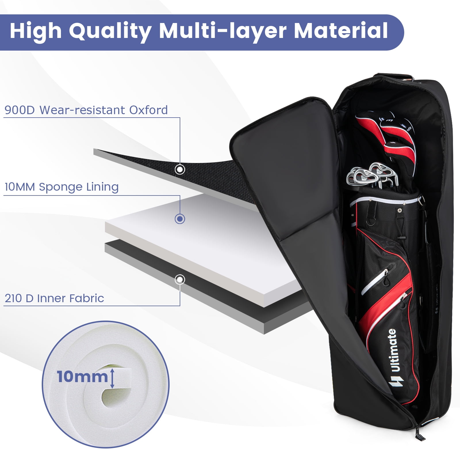 Patiojoy Golf Travel Bag with Wheels Portable Golf Club Travel Bag with 3 Pull Handles Smooth Zipper Name Card Holder
