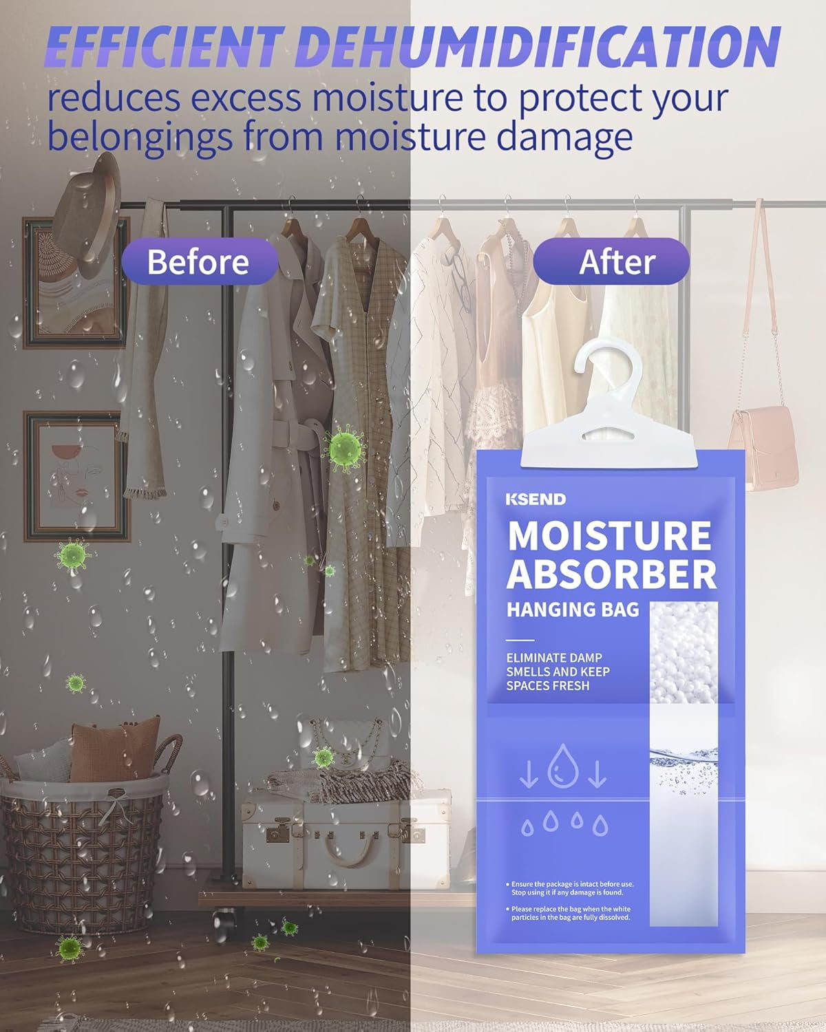 Moisture Absorbers 10 Pack, 9.8 Oz Compact Dehumidifier Bags & Packs, Hanging Bag, Humidity Absorbers, Closet Deodorizer Against Musty Odors, 11.8'' x 6.3''
