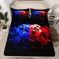 thumbnail image 2 of Kids Gamer Bed Sheets Set Twin for Boys, Gaming Sheet Set for Girls Kids Cool Video Game Black Fitted Sheet Blue Red Geometric Honeycomb Flat Sheet for All Season Gamepad Home Decor Bedding Set, 2 of 6