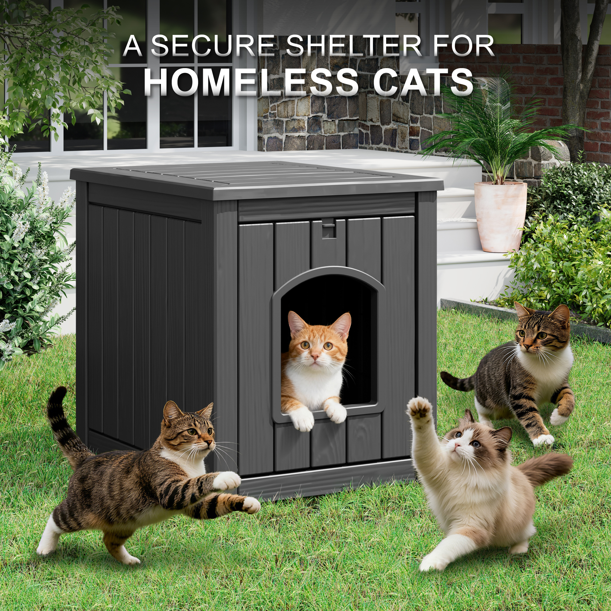 LHBcraft Outdoor Cat House, Weatherproof PP Cat Shelter for Feral & Stray Cats, Durable All-Season Pet House for Garden & Patio ,Black