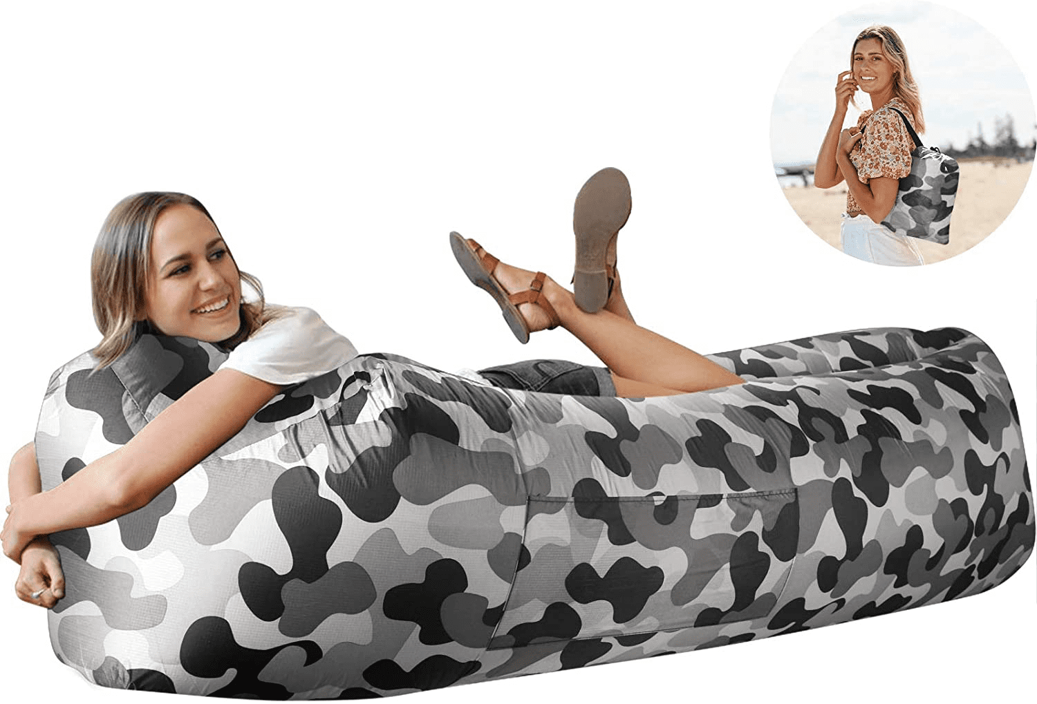 VAC-A-TRIP Inflatable Lounger AirSofa Portable Air Hammock Inflatable Cot for Adults AirChair Inflatable Couch Beach Camping Chair with Carry Bag Securing Stack 3 Pockets and Bottle Opener Sky Blue