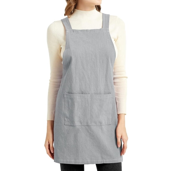 Fiykzur Women's Plus Size Cotton Linen Cross Back Apron with Pockets, Comfortable No-Tie Pinafore for Kitchen