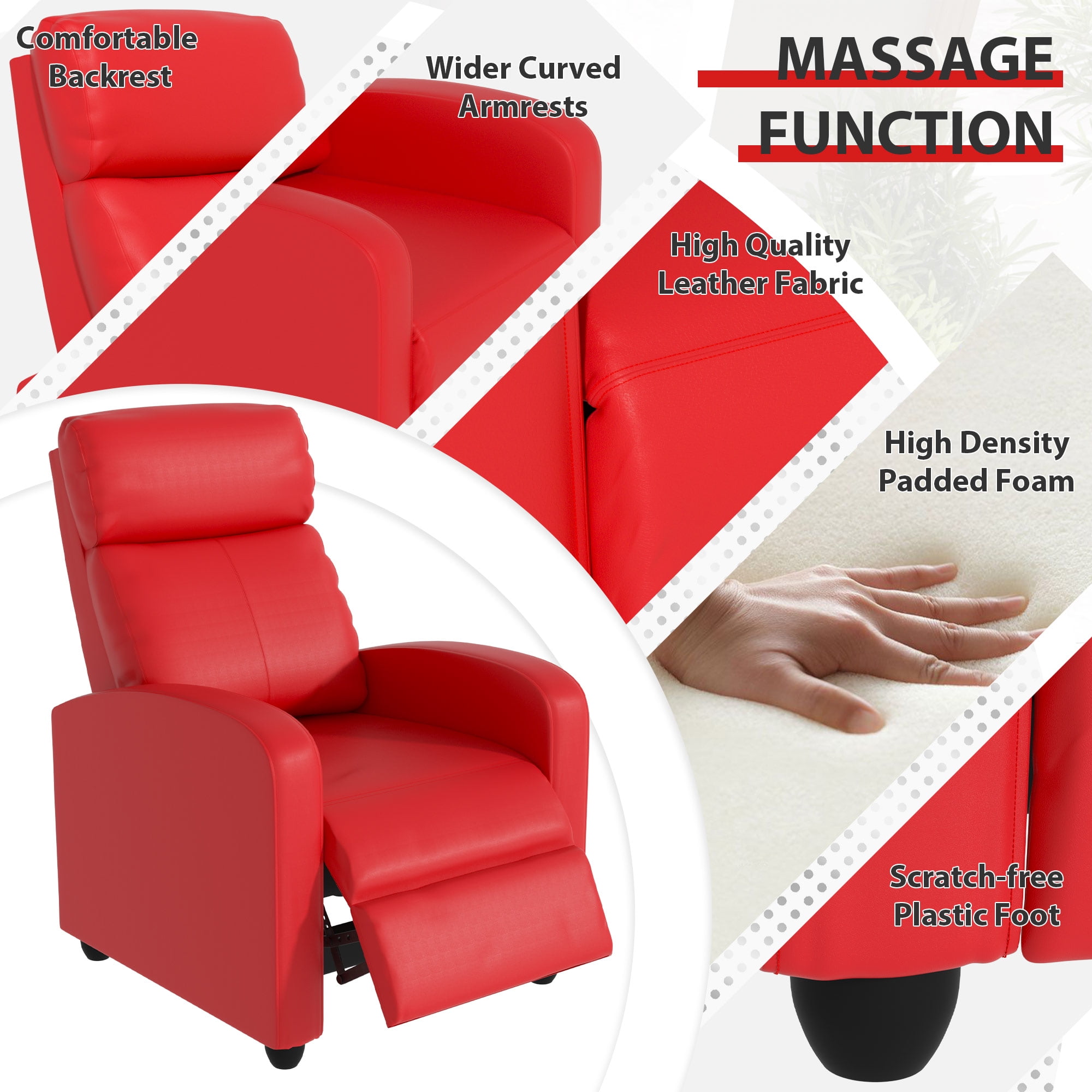 YRLLENSDAN PU Leather Power Recliner with Massage Function, Adjustable Backrest and Footrest, Red