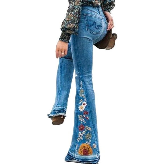 High Waisted Bell Bottom Flared Jeans for Women, 70s Retro Flared Bootcut Denim with Flower Embroidered Details