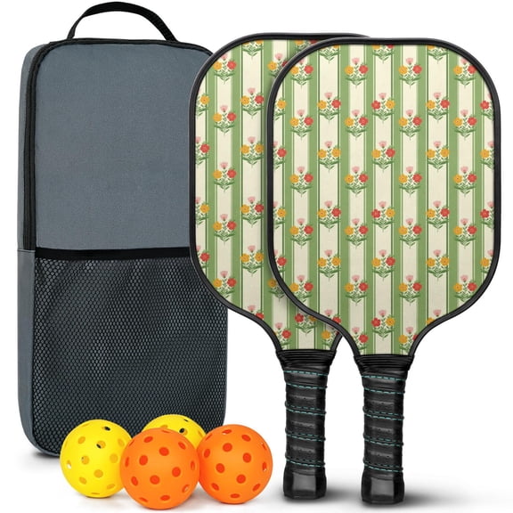 Pickleball Paddles Set,Pioneer Flower Floral Print Pattern Fiberglass Surface Pickleball Racket Set with 2 Indoor Outdoor Pickleball Balls and Pickleball Bag,Pickle-ball Equipment