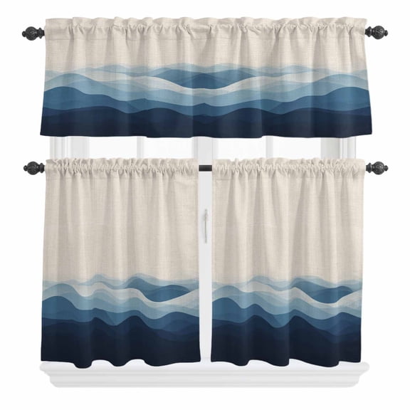 3 Piece Kitchen Curtains and Valances Set Blue Beige Ombre Cafe Curtains 24 Inch Length Minimalist Ocean Waves Linen Valance & Tier Curtain for Living Room Bedroom Small Window 54"x18" 27"x24"*2