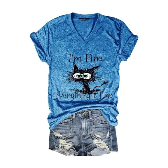 Womens Graphic T-shirts Short Sleeve V Neck Cat Letter Print Tee Vintage Summer Casual Tops Blue L
