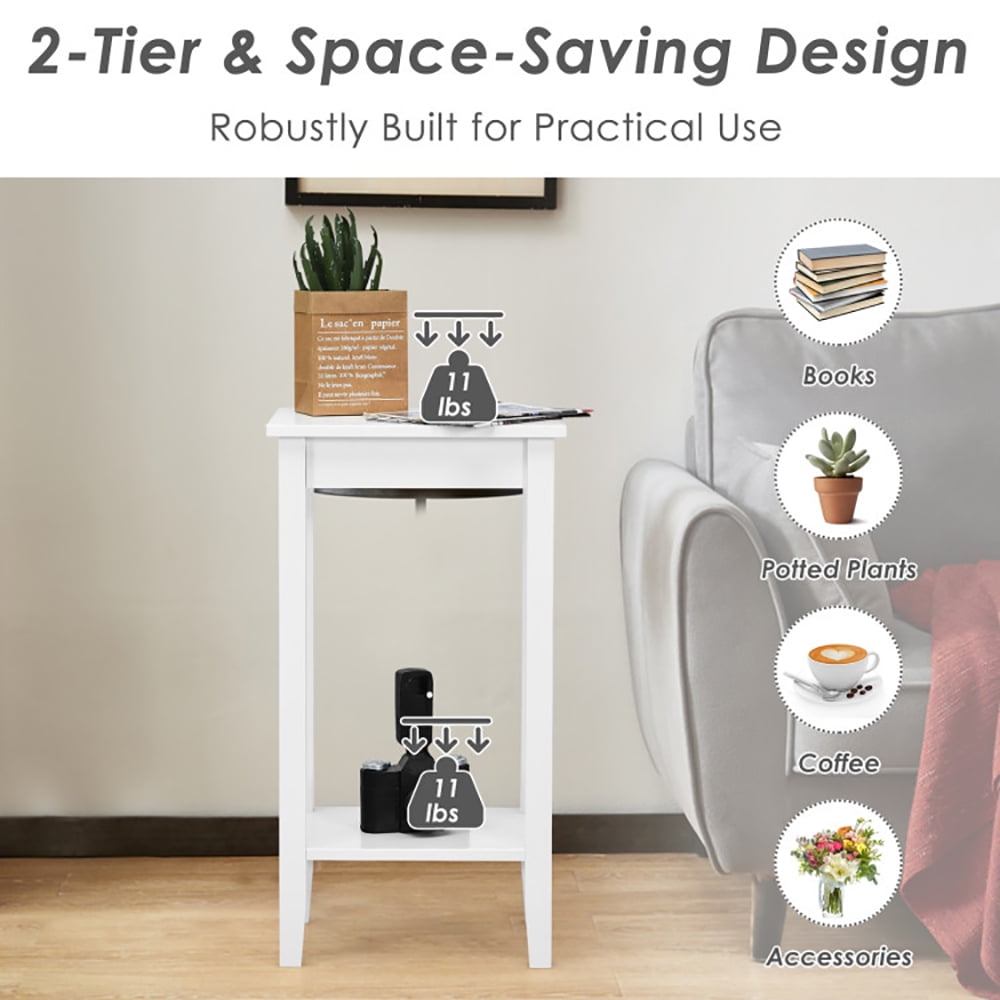 Finihen End Side Table, Bed and Sofa Side Table, 2-Tier Nightstand End Side Wooden Legs Table, for Living Room, Bedroom, White