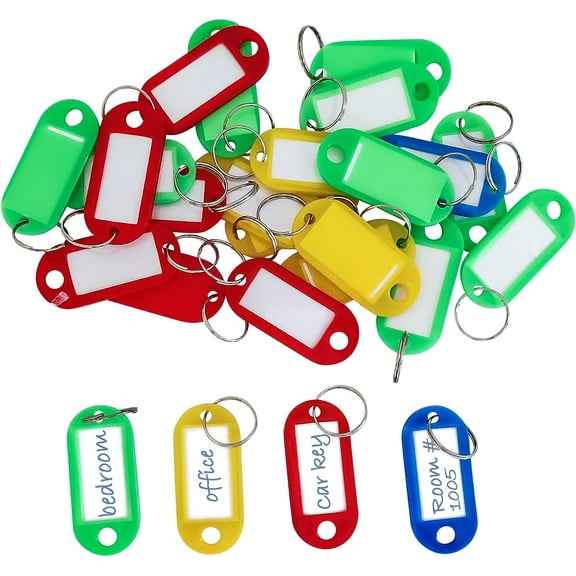 25pk Plastic Key Tags with Key Ring & Label, Assorted Colours - Key Rings with Tags