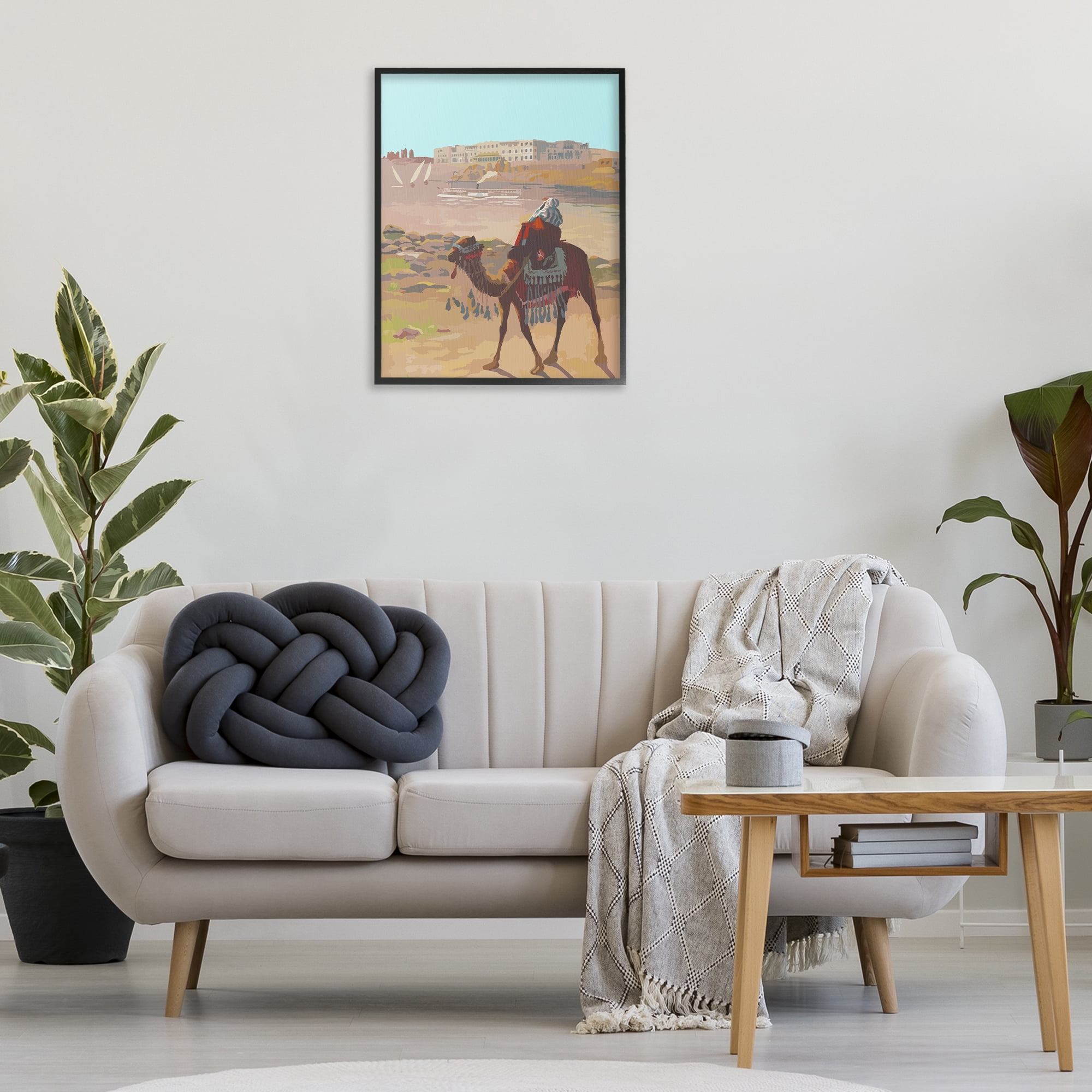 Stupell Industries Camel in Desert Town Landscape Painting Black Framed Art Print Wall Art, 24 x 30