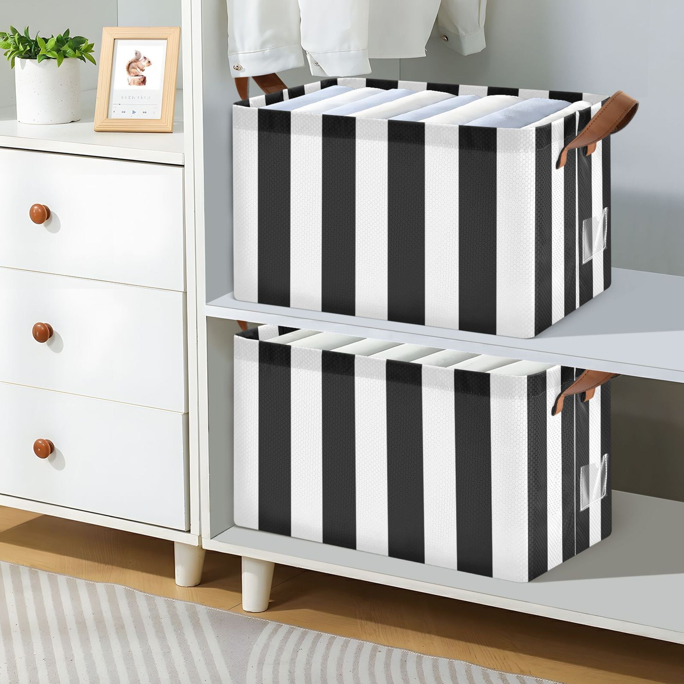Ryvnso White and Black Stripe Pattern Storage Bins Large Basket Foldable Cube Toys Organizer with Handles 2 PCs