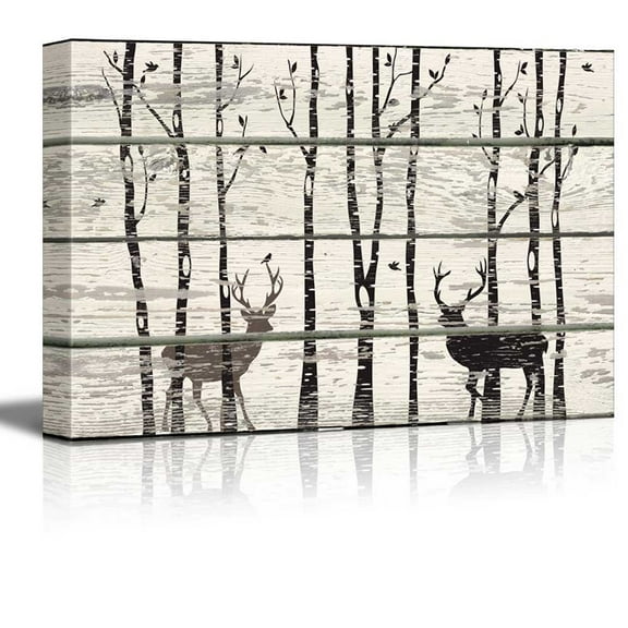 wall26 - Deer in Birch Forest Wood Cut Print Artwork - Rustic Canvas Wall Art Home Art - 32x48 inches