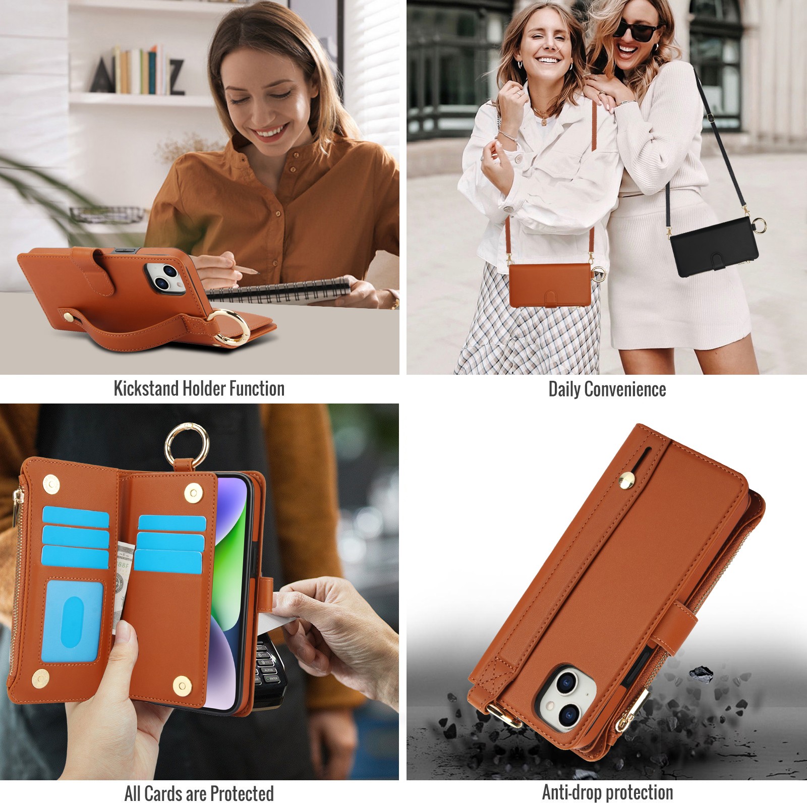 ELEHOLD For iPhone 13 Phone Case Leather Crossbody Zipper Card Wallet Flip Case Kickstand Cover, with Ring Holder,Full Body Protection-Brown