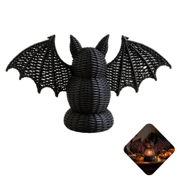 Black Woven Bat Tabletop Holder, Hand-Wicker Bat Figurine, Halloween Home Decor Ornament for Mantel Shelf Coffee Table Fireplace