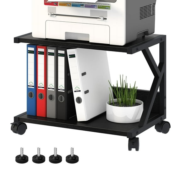 Desktop Printer Stand with 2 Tier Wood Storage Shelves,Under Desk Printer Table,Multi-Purpose Home Office Desk Organizer for Fax Machine, Scanner (Black)