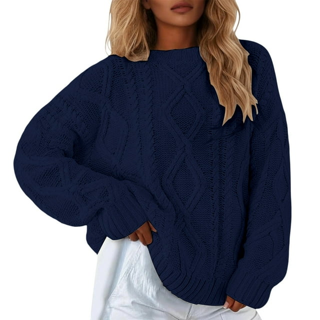 MIASHUI Chandail-Over Décontracté Ample Couleur Unie Automne Hiver Col Rond, Fil Épais pour Femmes Marine, TTG