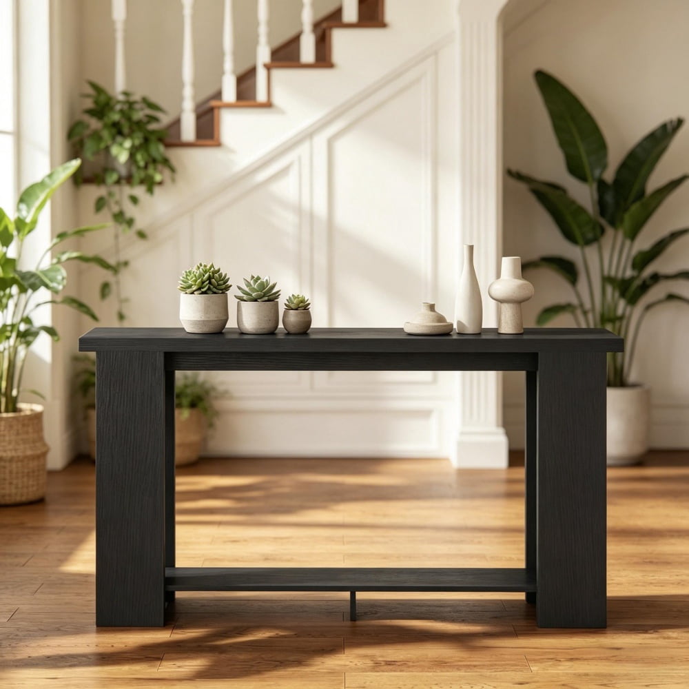 Distressed Brown Narrow Console Table, 63" Long MDF Sofa Table with Open Shelf, Anti-Tip Strap for Living Room/Hallway