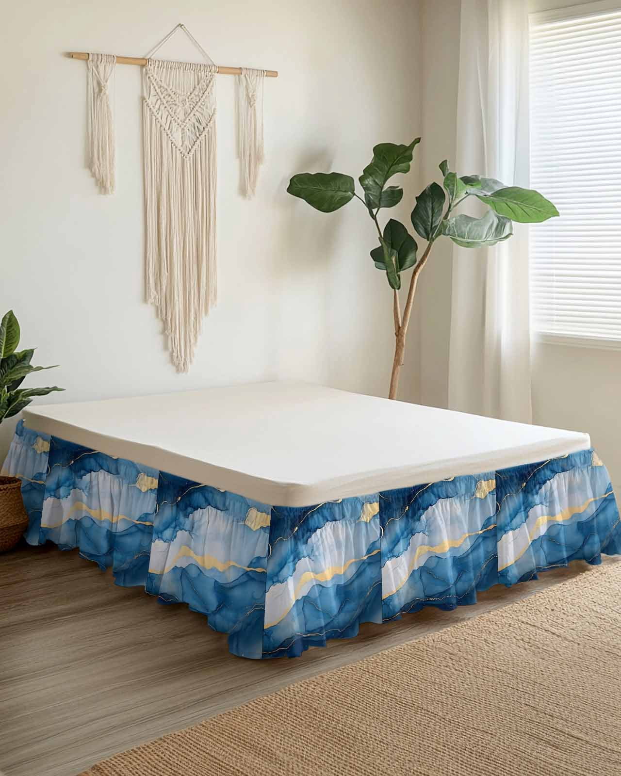 Blue Marble Wrap Around Bed Skirts for Queen Bed 16" Drop, Bed Skirt with Adjustable Elastic Belt Dust Ruffle Bed Valance for Bedroom Hotel Luxury Modern Abstract Ink Painting Bed Frame Cover