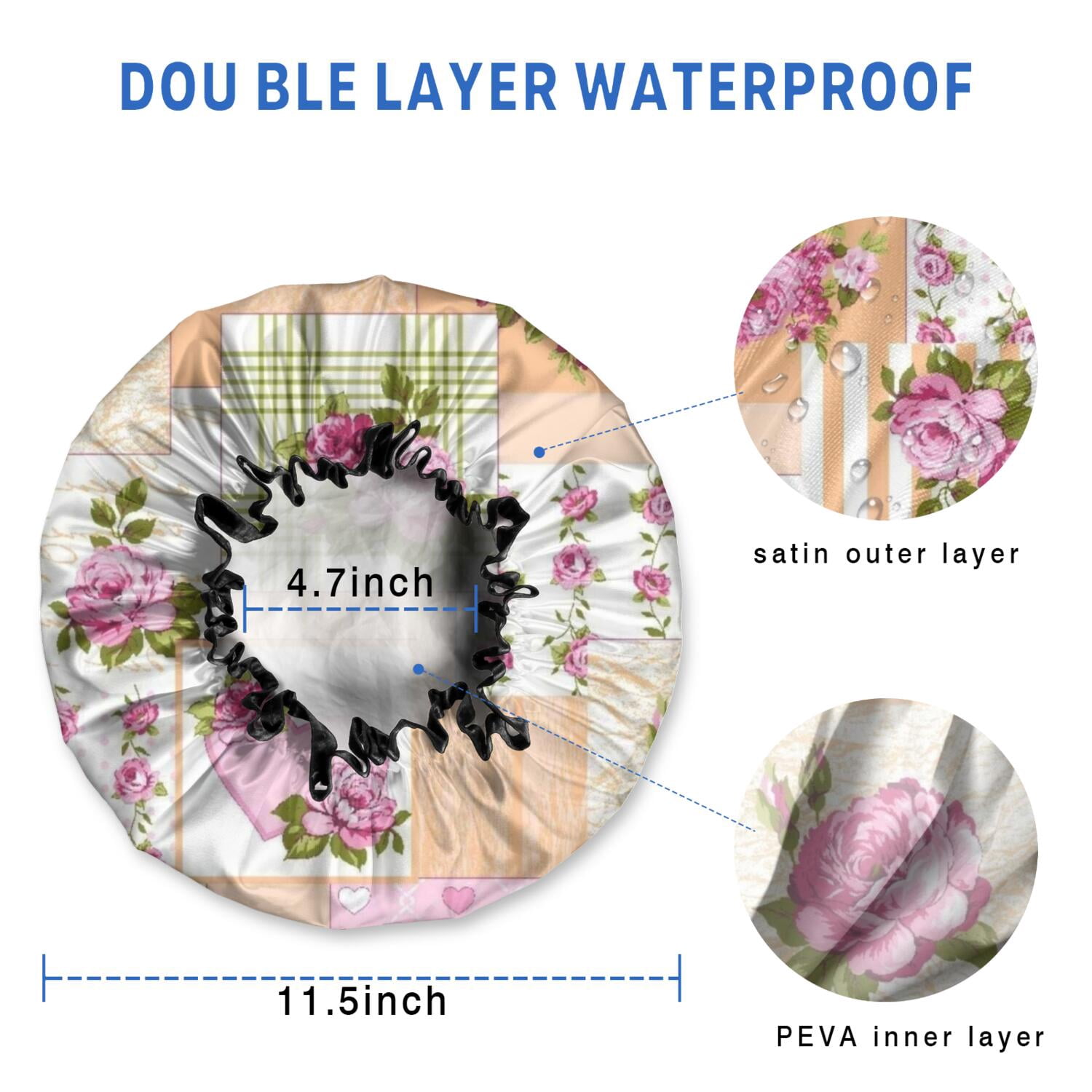 Shower Caps,Pioneer Flower Floral Print Pattern Waterproof Shower Cap for Women 4 Pieces,Double Reusable Hair Cover for Shower PEVA Elastic Stretch Hem
