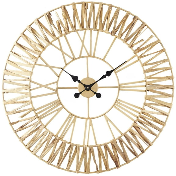 DecMode 31" Brown Seagrass Woven Wall Clock with Gold Metal Frame